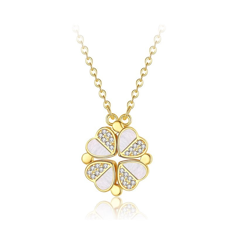 Collana con ciondolo a trifoglio dal design originale con ciondolo a cuore separabile in acciaio al titanio con finitura placcata su catena a O per donna e unisex
