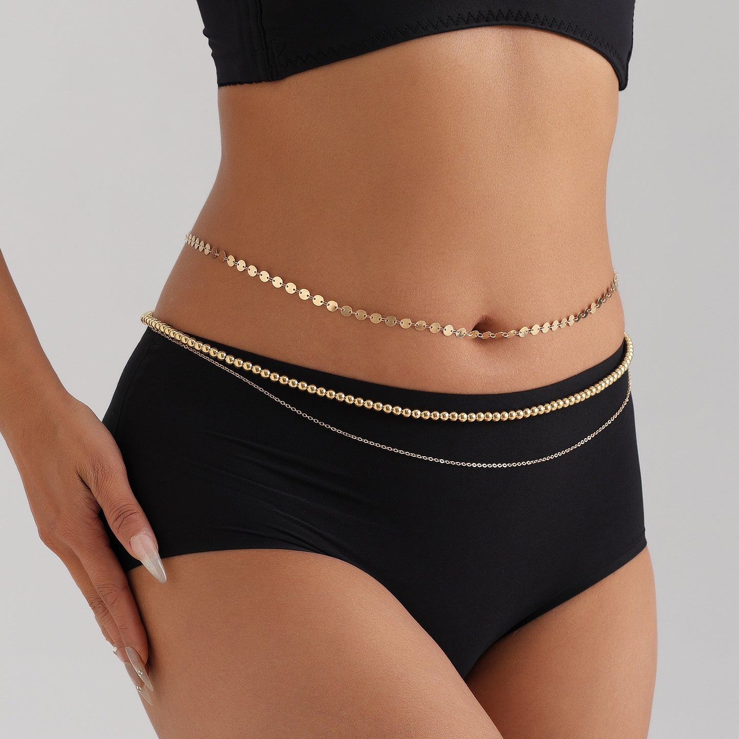Minimalist Punk Multi-Layer Beaded Waist Chain for Women with Metallic Finish