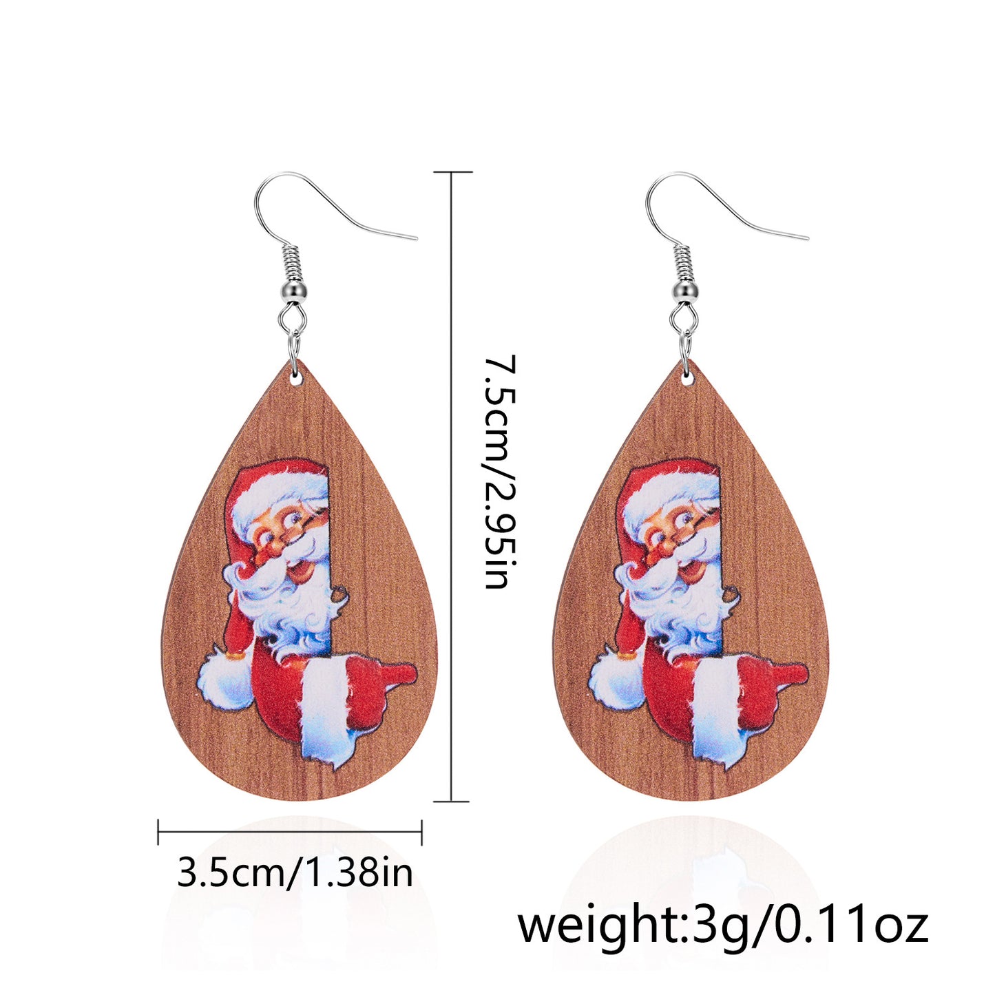 Orecchini natalizi pendenti vintage esotici in legno a forma di goccia con motivi di fiocchi di neve, alberi di Natale e Babbo Natale stampati