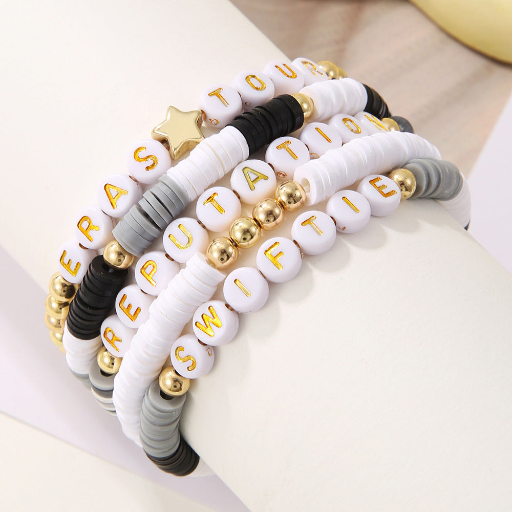 Bohemian Geometric Letter Resin and Stainless Steel Stretch Bracelet Set