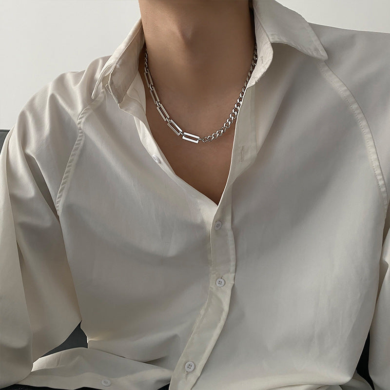 Collar de cadena cubana de acero de titanio geométrico Hip Hop para hombres y mujeres con acabado galvanizado y diseño de panel contrastante