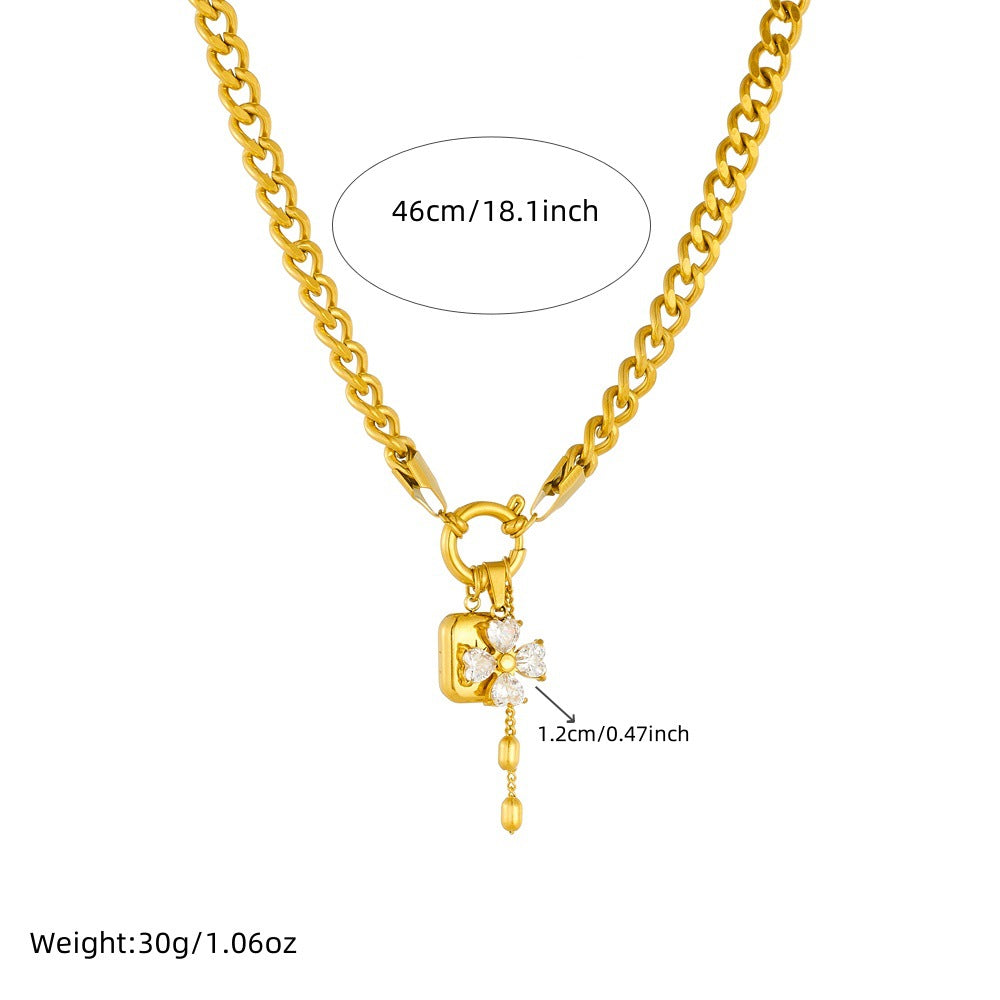 Fashionable Floral Star Square Pendant Necklace Set with Tassel Chain Stainless Steel Plated Women's Jewelry