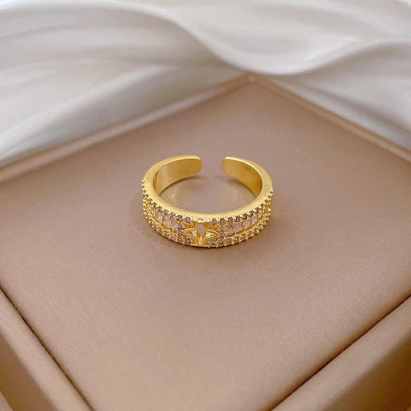 Sweet Minimalist Gold Plated Brass Crown Rhinestone Adjustable Ring for Women and Couples