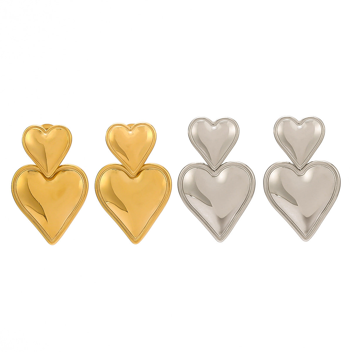 Minimalist Geometric Double-Layer Heart-Shaped Pendant Earrings in Stainless Steel with 18K Gold Plating