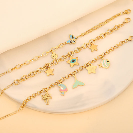 Fashion Enamel Butterfly and Star Bracelet for Women in Stainless Steel with Dolphin and Fish Motifs