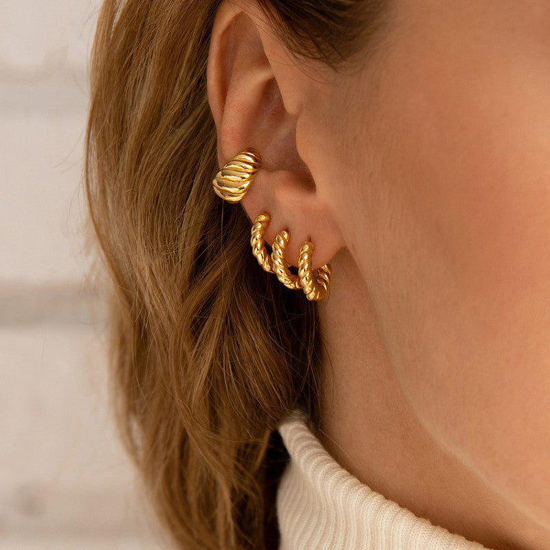 Minimalist Geometric C-Shape Twisted Gold Plated Brass Hoop Earrings