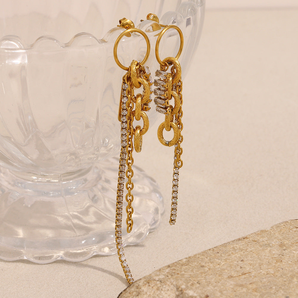 Fashionable Geometric Stainless Steel 18K Gold Plated French Zircon Dangle Earrings for Women