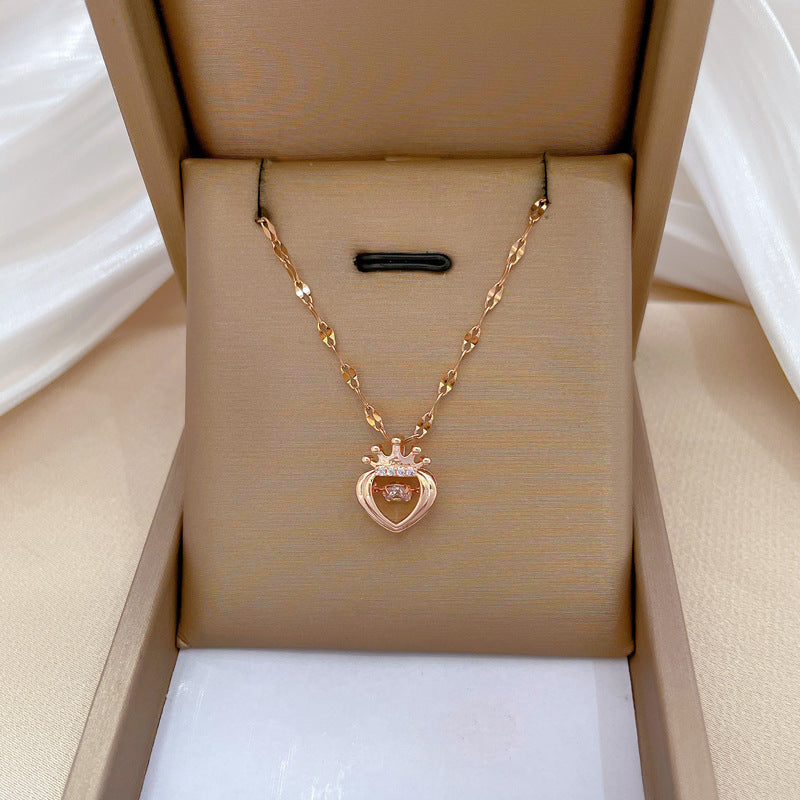 Elegante Collana Pendente Cuore Corona per Donna, in Acciaio Inossidabile, Delicata Catena Clavicola con Motivo Lunare