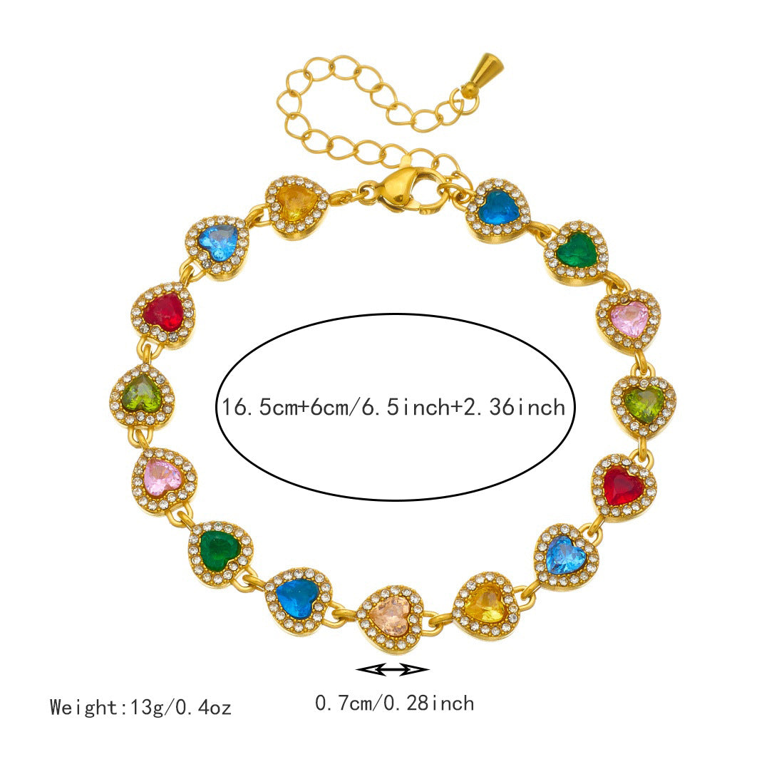 Elegant Gold Plated Heart Oval Cubic Zirconia Stainless Steel Ball Chain Bracelet