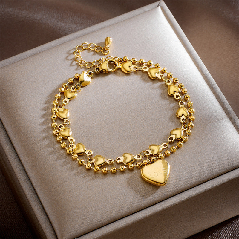 Pulsera de Acero Titanio Minimalista, a la Moda, de Doble Capa Apilable con Cuentas en Forma de Corazón para Mujeres