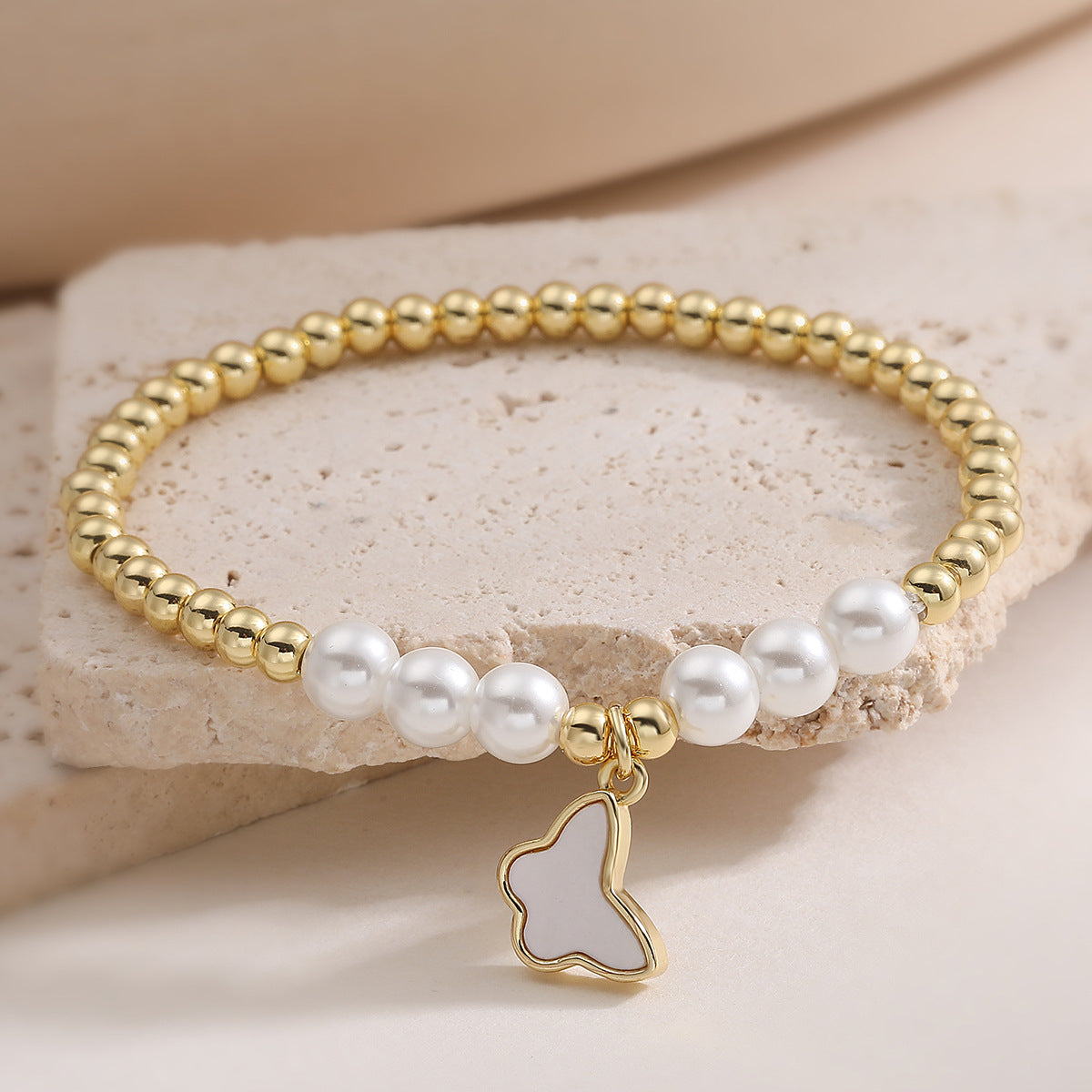 Elegant 18K Gold Plated Brass Butterfly Heart Geometric Pendant with Cubic Zirconia and Pearl Bracelet for Women