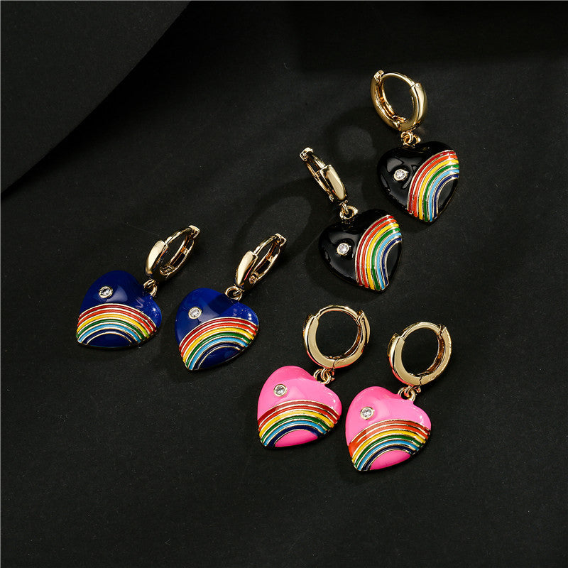 Vintage Drip Oil Rainbow Heart Geometric Brass 18K Gold Plated Micro-set Cubic Zirconia Earrings for Women