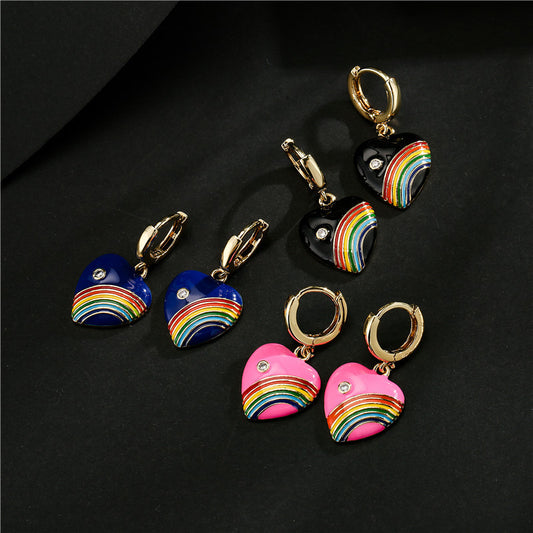 Vintage Drip Oil Rainbow Heart Geometric Brass 18K Gold Plated Micro-set Cubic Zirconia Earrings for Women