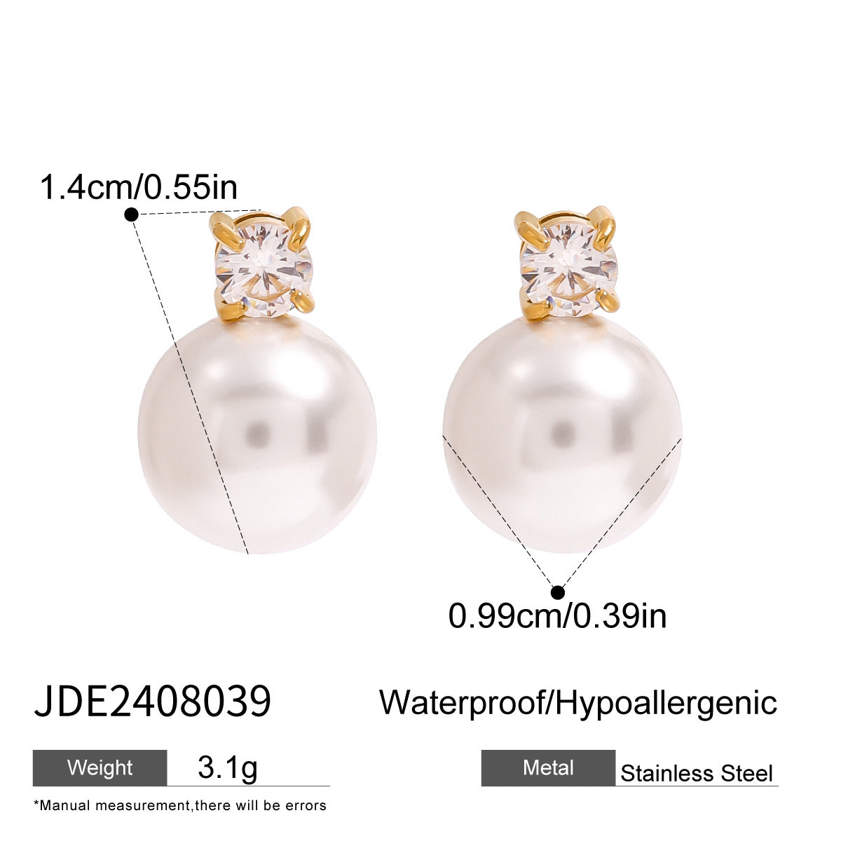 18K Gold Plated Geometric Round Pearl Stud Earrings Titanium Steel