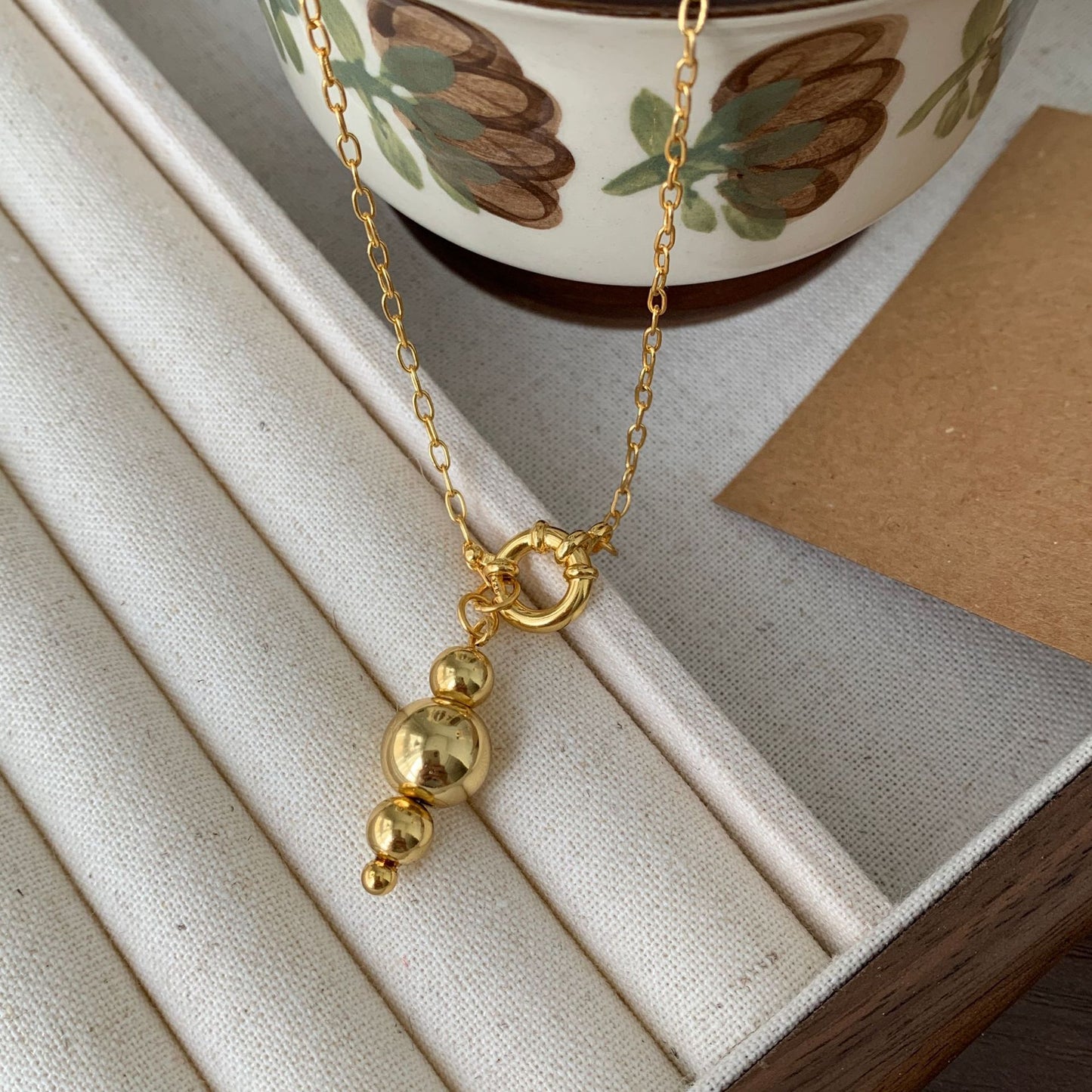Minimalist Geometric Beaded Necklace in 925 Sterling Silver with Gold Plating and Rainbow Accents on Snake Chain