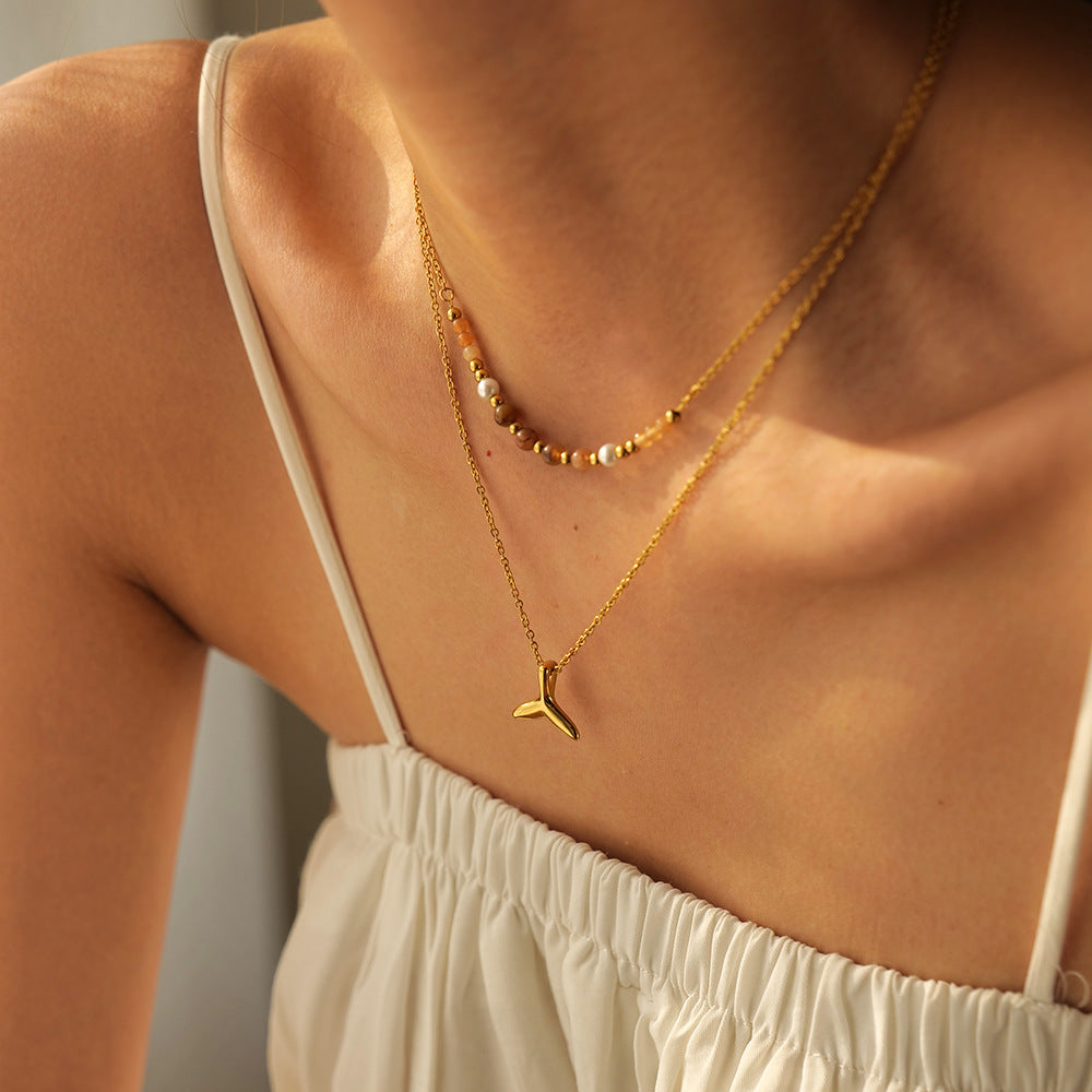 Fashionable 18K Gold Plated Stainless Steel Double Layer Fish Tail Pendant Necklace for Women
