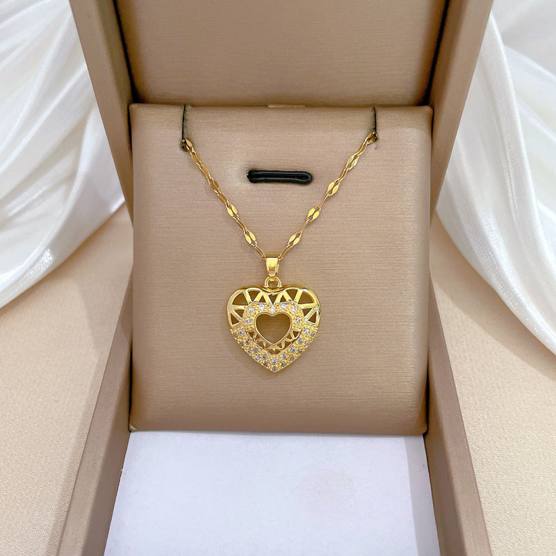 Minimalist Heart-Shaped Titanium Steel Necklace with Cubic Zirconia Inlay for Women and Men, Delicate Clavicle Chain