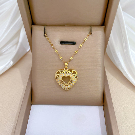 Collar minimalista de acero de titanio con forma de corazón e incrustaciones de circonita cúbica para mujeres y hombres, delicada cadena de clavícula