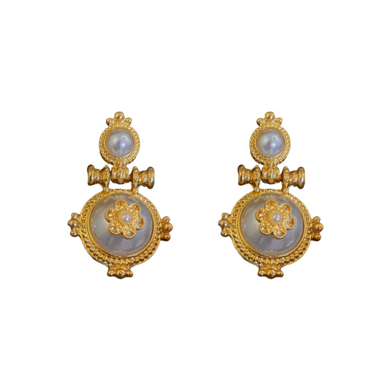 Pendientes de Aro Geométricos con Perlas y Flores Vintage para Mujer con Postes de Acero Inoxidable