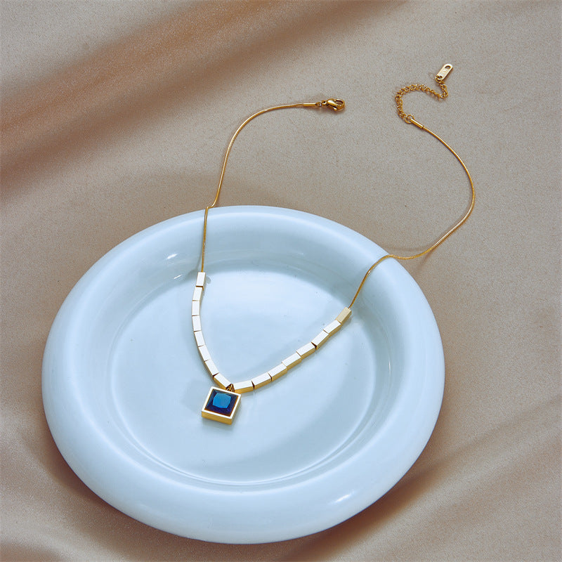 Vintage Minimalist Square Titanium Steel Necklace with Blue Rhinestone Inlay and Plated Finish