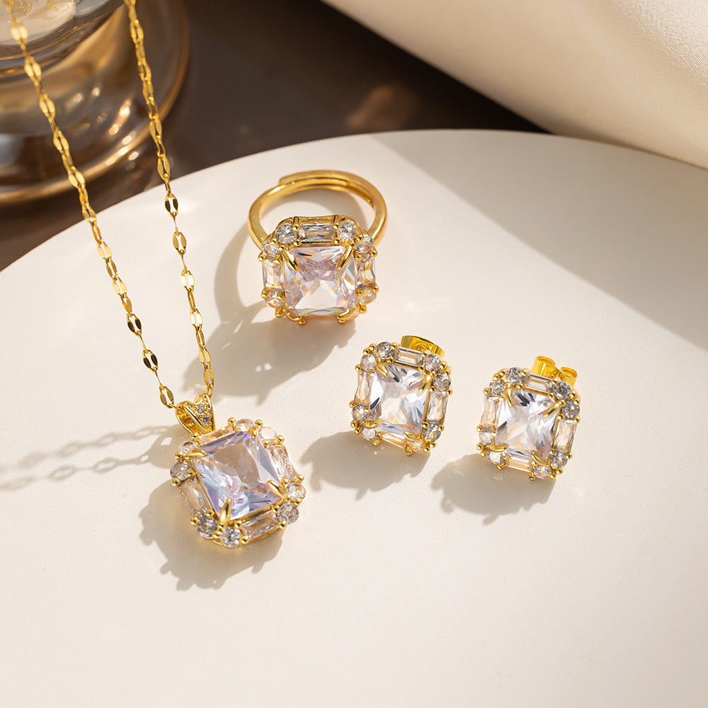 Conjunto de pendientes y anillo de acero de titanio con diamantes de imitación cuadrados geométricos de inspiración vintage para mujer