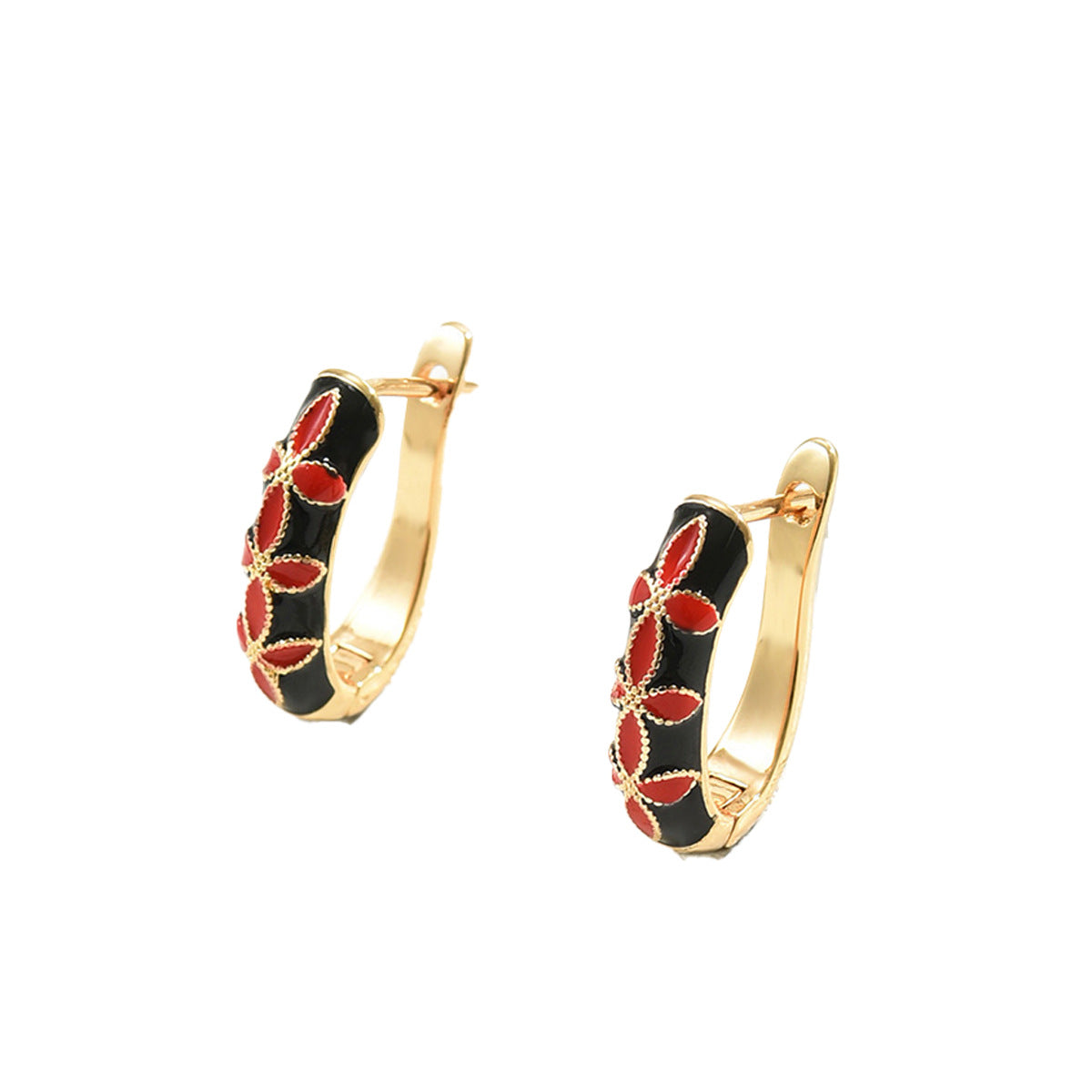 Pendientes Geométricos en Forma de U Estilo Palacio Vintage con Diseño Floral Esmaltado para Mujer