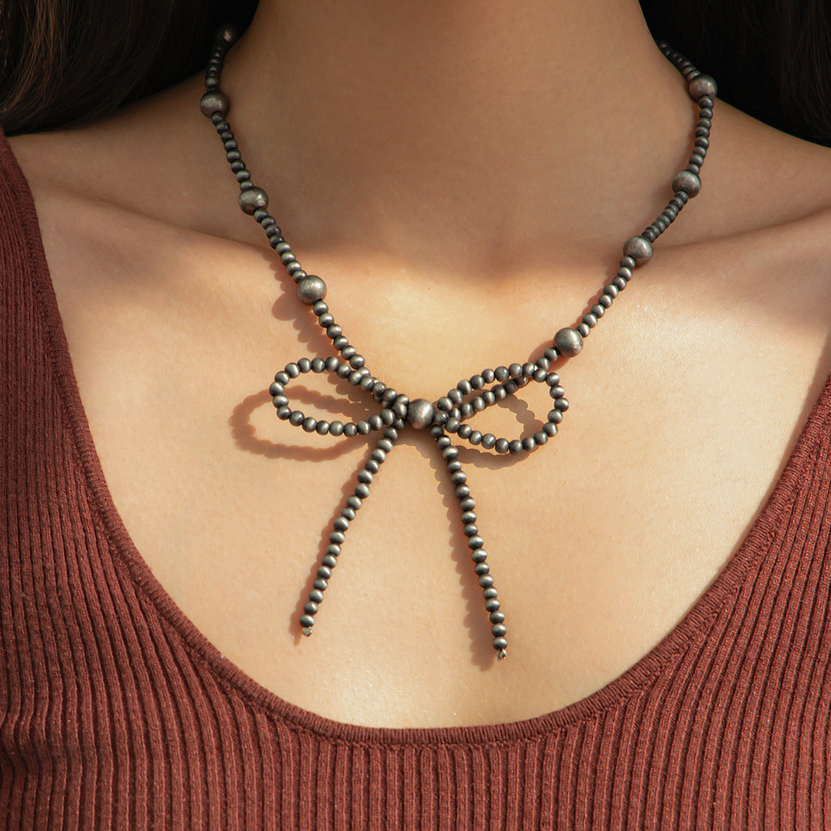 Bohemian Vintage Alloy Plated Bowknot Turquoise Necklace for Women