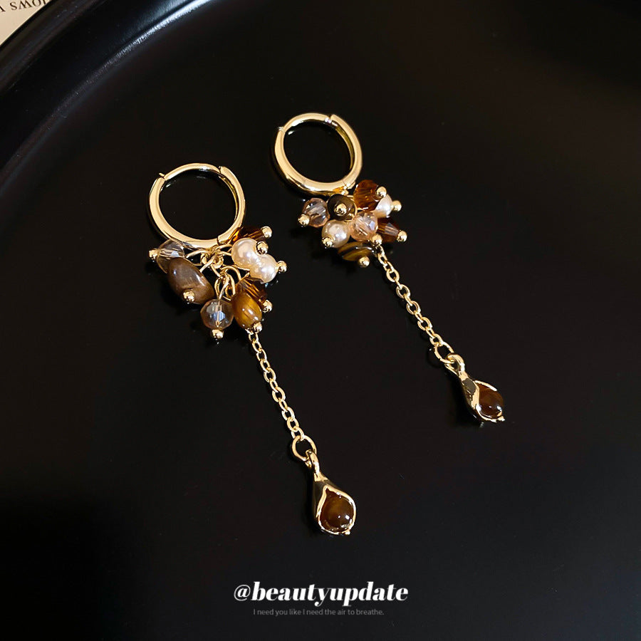 Pendientes Maillard con borla y perla, forma geométrica y postes de acero chapado en oro para mujer