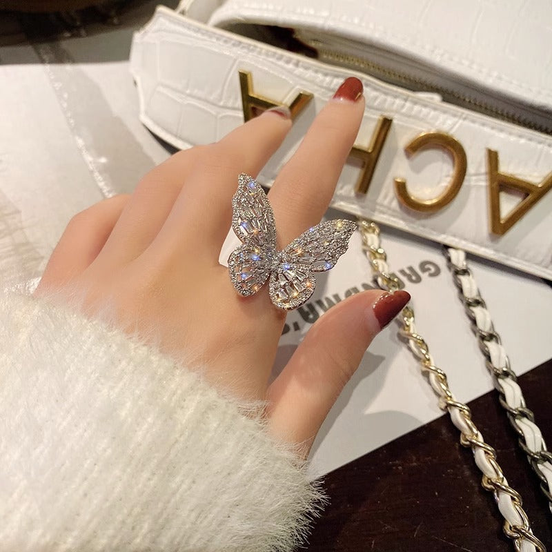 Luxury Zircon Butterfly Open Ring for Women with Plated Copper Finish and Minimalist Design