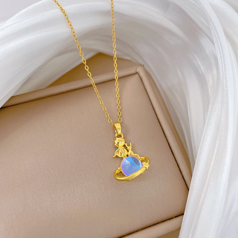Collana con ciondolo a luna geometrica minimalista da donna e da uomo, catena a medaglione in acciaio inossidabile con strass