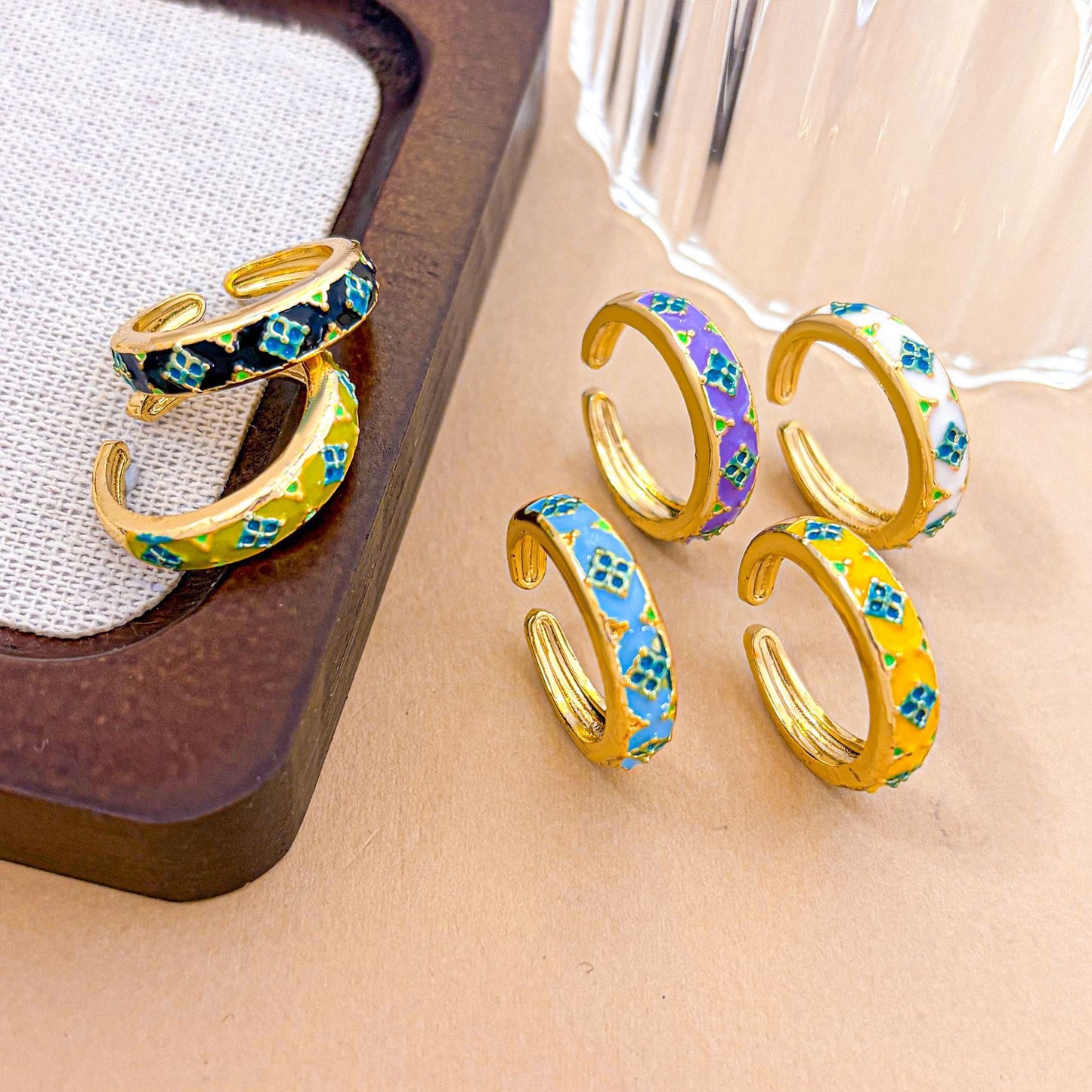 Vintage Sweet Geometric Floral Gold Plated Brass Adjustable Ring for Women
