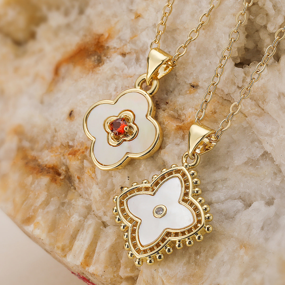 Minimalist 18K Gold Plated Brass Cubic Zirconia Floral Pendant Necklace for Women