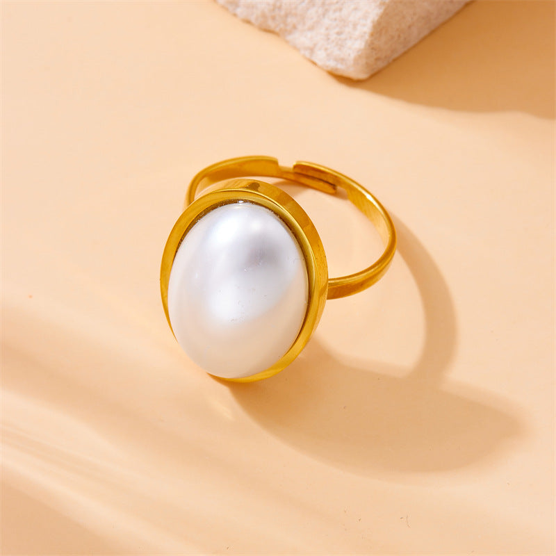 Vintage Minimalist Plated Stainless Steel Oval Geometric Pearl Earrings Necklace Bracelet Set