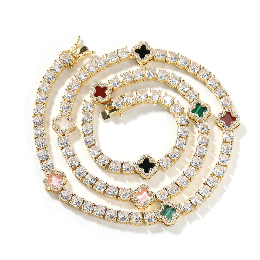 Collana da tennis in ottone con intarsio in strass a quadrifoglio per donna