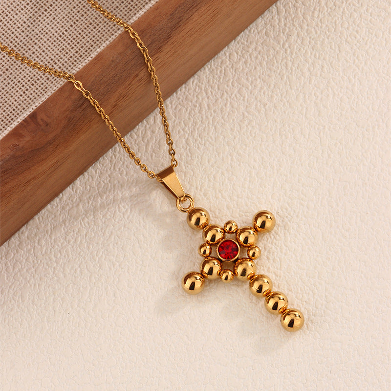 Collana Vintage Placcata Oro a Croce in Acciaio al Titanio con Ciondolo Zirconia Cubica e Catena a Cavo
