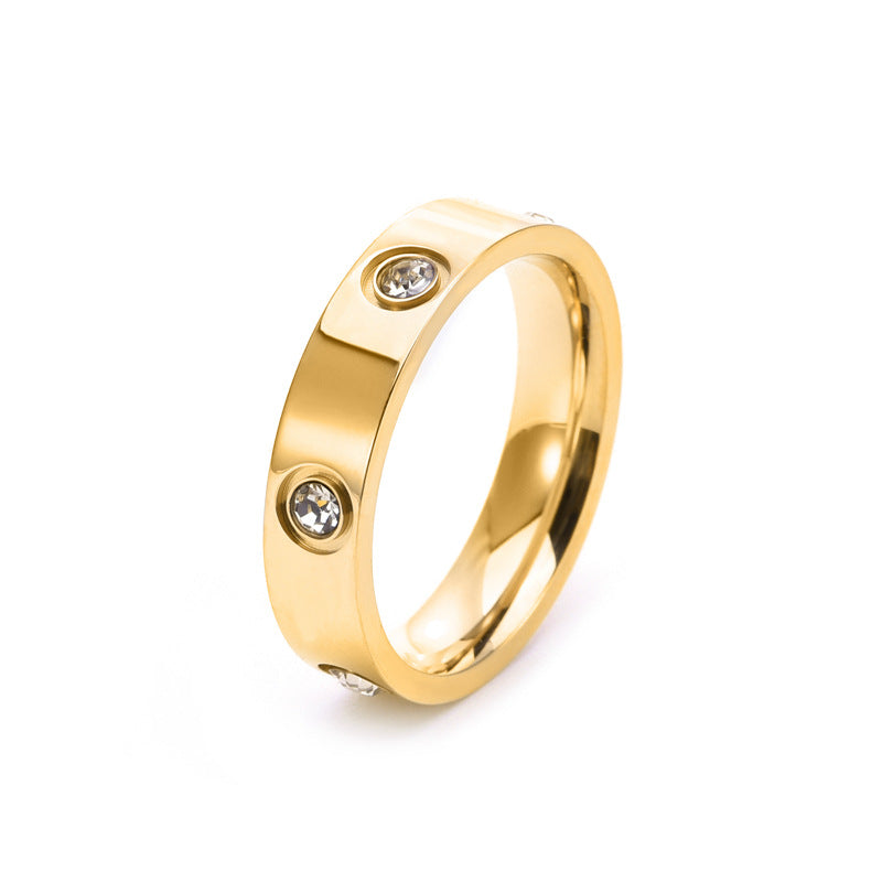 Luxury Minimalist Geometric Round Titanium Steel Plated Ring with 6 Rhinestones for Unisex