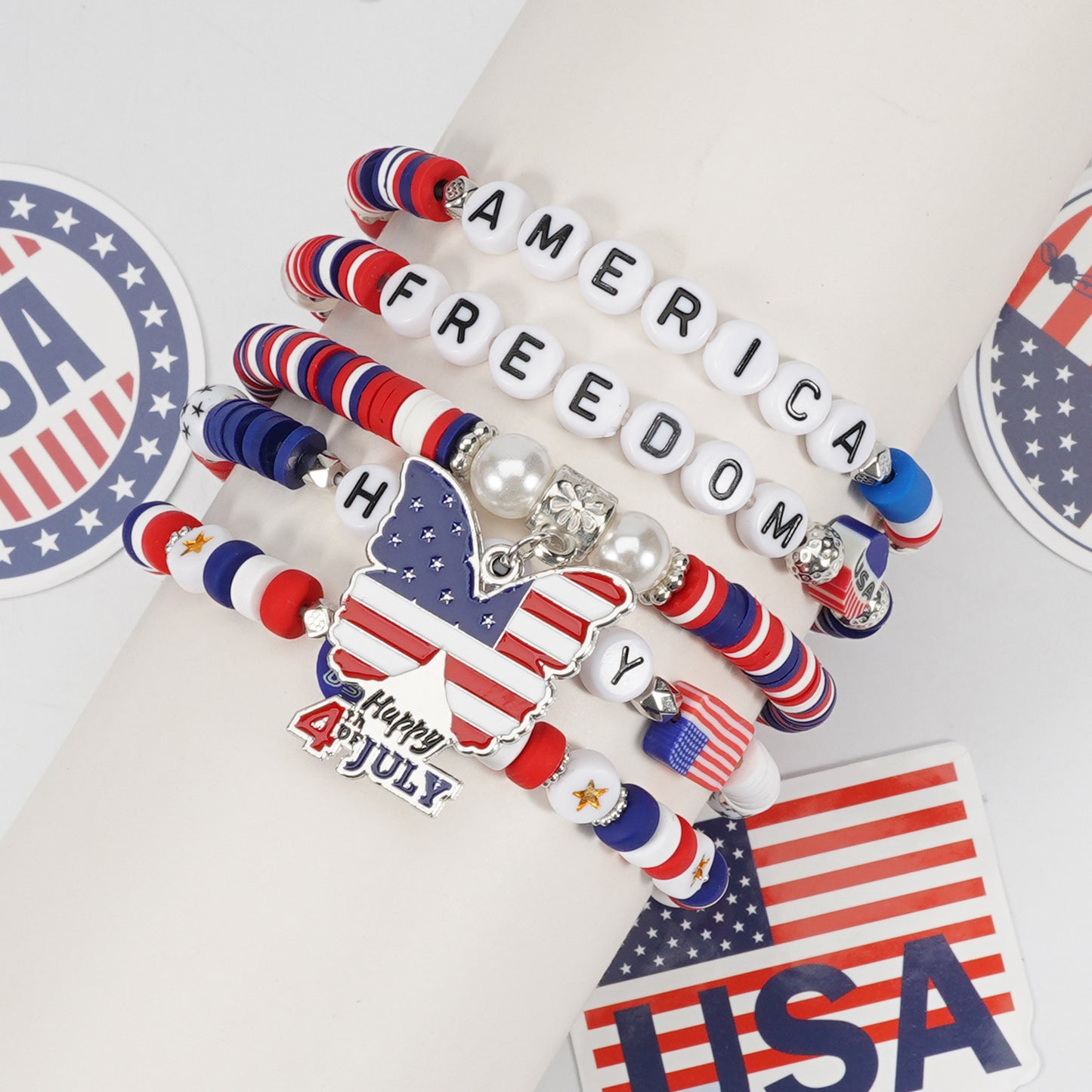 Geometric Crystal Beaded Bracelet Unisex American Flag Style