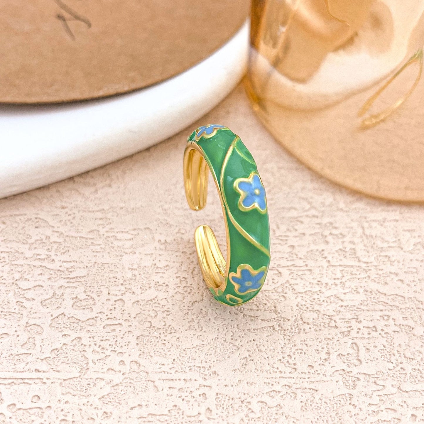 Sweet Floral Enamel Plated Alloy Ring for Women