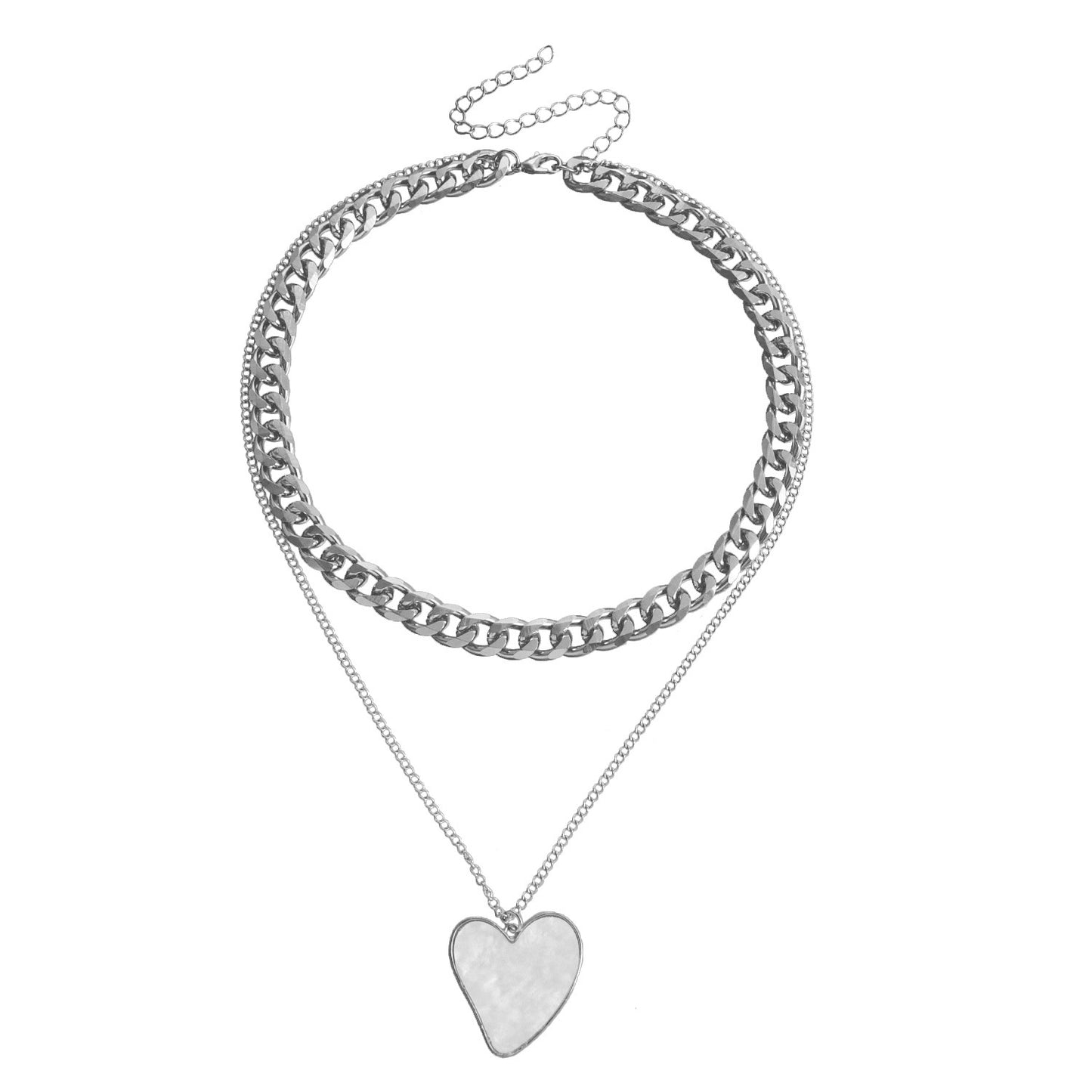 Minimalist Geometric Double-Layer Heart-Shaped White Mother-of-Pearl Pendant Necklace for Women with Plated Metal Clavicle Chain