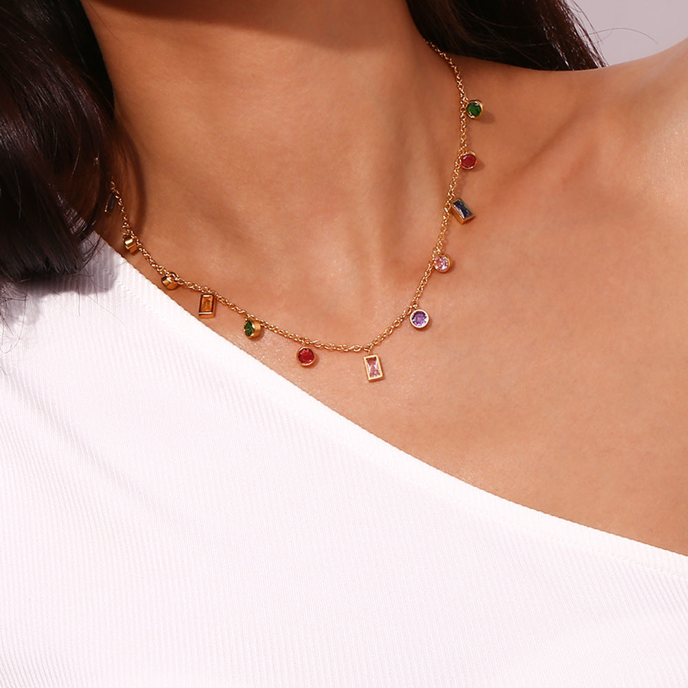 Minimalist Geometric Pendant Necklace in Stainless Steel with 18K Gold Plating Featuring Round and Rectangular Zircon Accents for Women