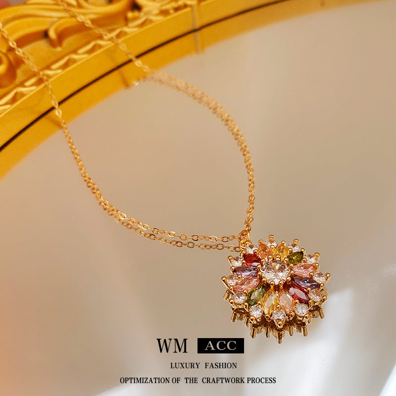 French Style Floral Pendant Necklace with Zircon Inlay on O-Chain for Women