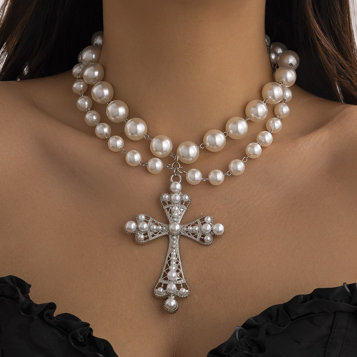 Fashion Geometric Cross Rhinestone Inlay Zinc Alloy Multi-Layer Ball Chain Necklace for Women