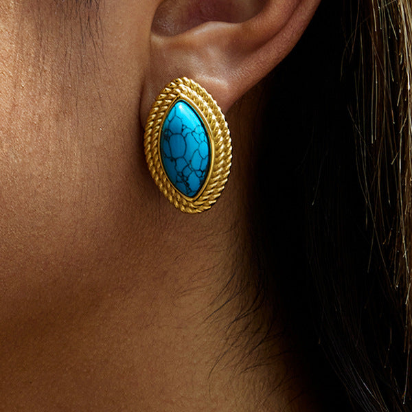 Orecchini a perno ipoallergenici in acciaio inossidabile placcato con intarsio in turchese blu, in acciaio al titanio geometrico minimalista da donna