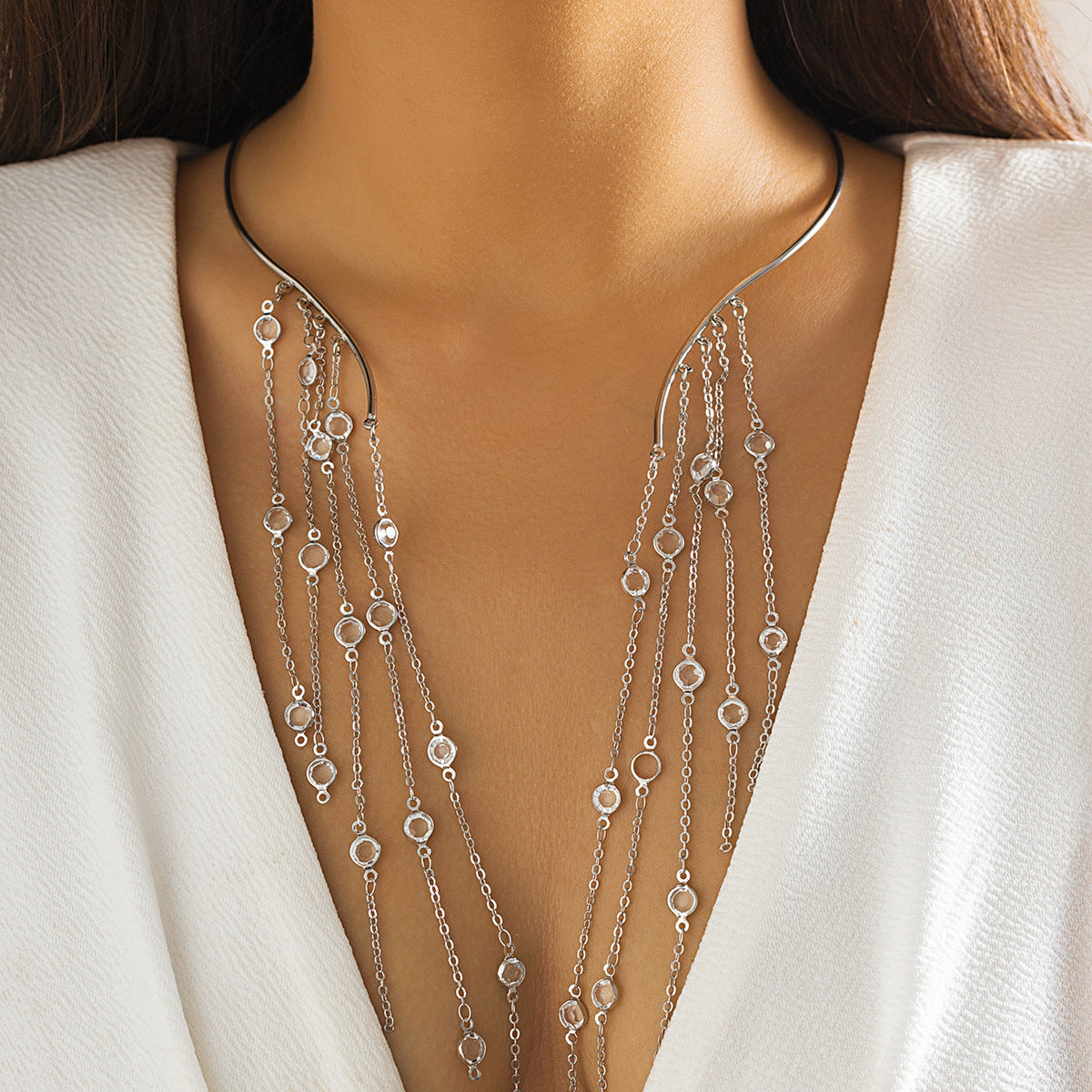 Punk Exaggerated Long Tassel Star Shape Alloy Imitation Pearl Choker Necklace for Women