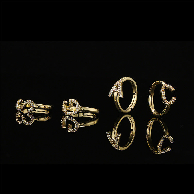 Fashion 18K Gold Plated Brass Micro-inlay Letter Ring Adjustable Open Band for Women