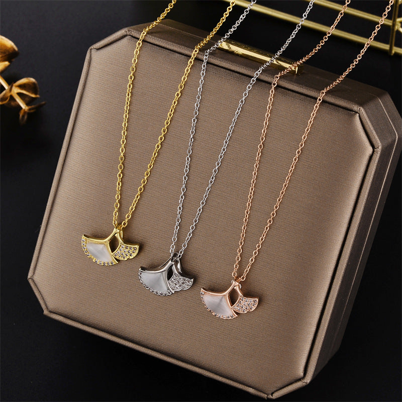 Minimalist Ginkgo Leaf Pendant Necklace in Titanium Steel with White Mother-of-Pearl Inlay on Ball Chain