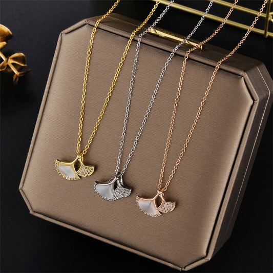 Minimalist Ginkgo Leaf Pendant Necklace in Titanium Steel with White Mother-of-Pearl Inlay on Ball Chain