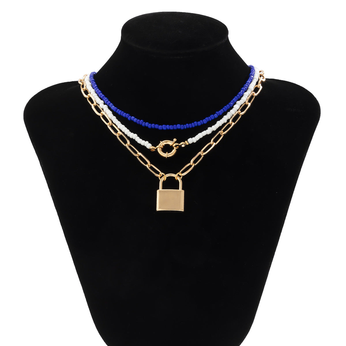 Vintage Punk Geometric Alloy Plated Lock Pendant Tassel Necklace with Ball Chain for Women