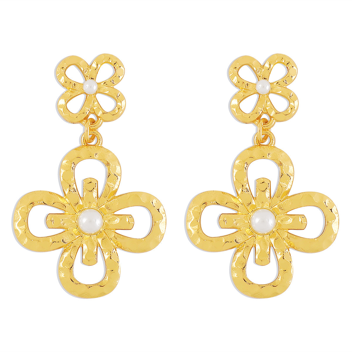 Pendientes florales geométricos huecos, dulces y atrevidos, de aleación con incrustaciones de perlas simuladas y acabado galvanizado para mujer
