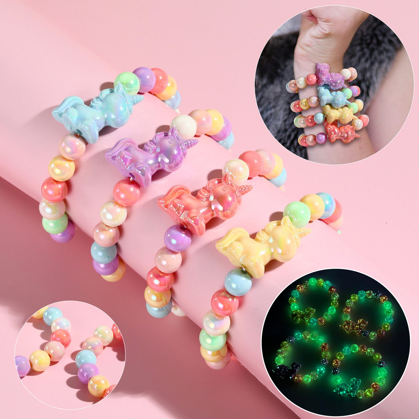 Cartoon Unicorn Acrylic Children's Bracelet in Pastel Glow Colors for Girls Aged 3 to 10 Years